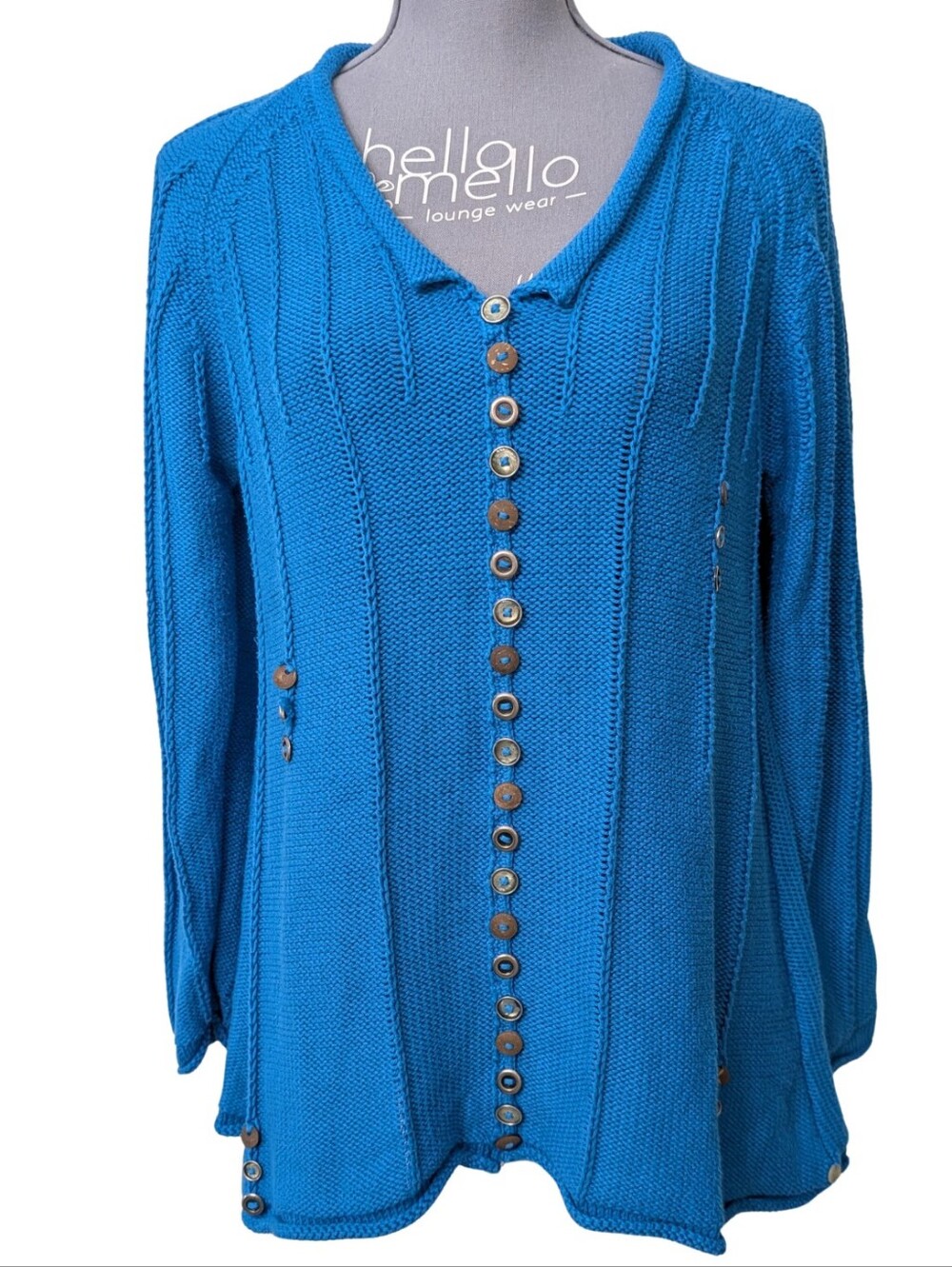 Pure Handknit Chunky Cotton Cable Knit Cardigan Sweater Turquoise Blue Size S/M